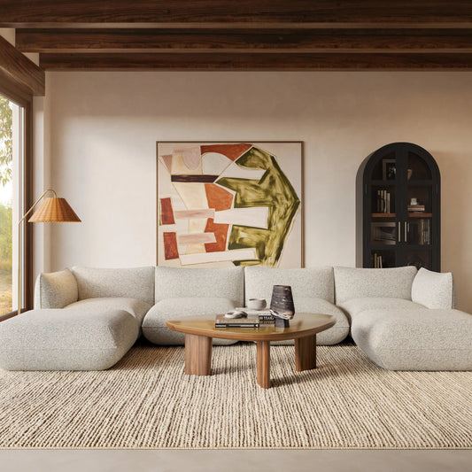 Arezza Contract-Grade Basketweave Chenille Modular U-Chaise Sectional by TOV Furniture in stone white. Made from fabric, plywood, rubberwood in a unique style.