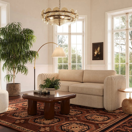 Porto Boucle Sofa by TOV Furniture in honey. Made from foam, polyester, rubberwood in a unique style.