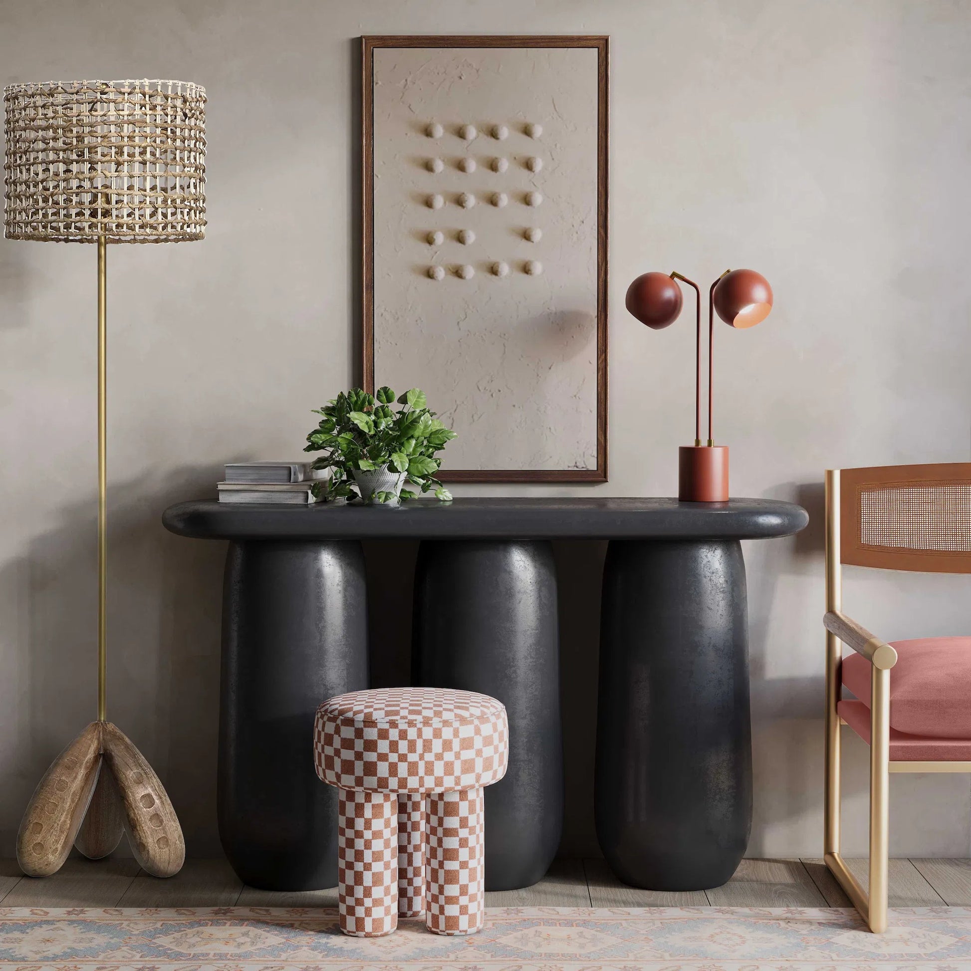 Claire Checkered Boucle Stool by TOV Furniture in brown. Made from boucle, mdf in a modern style.