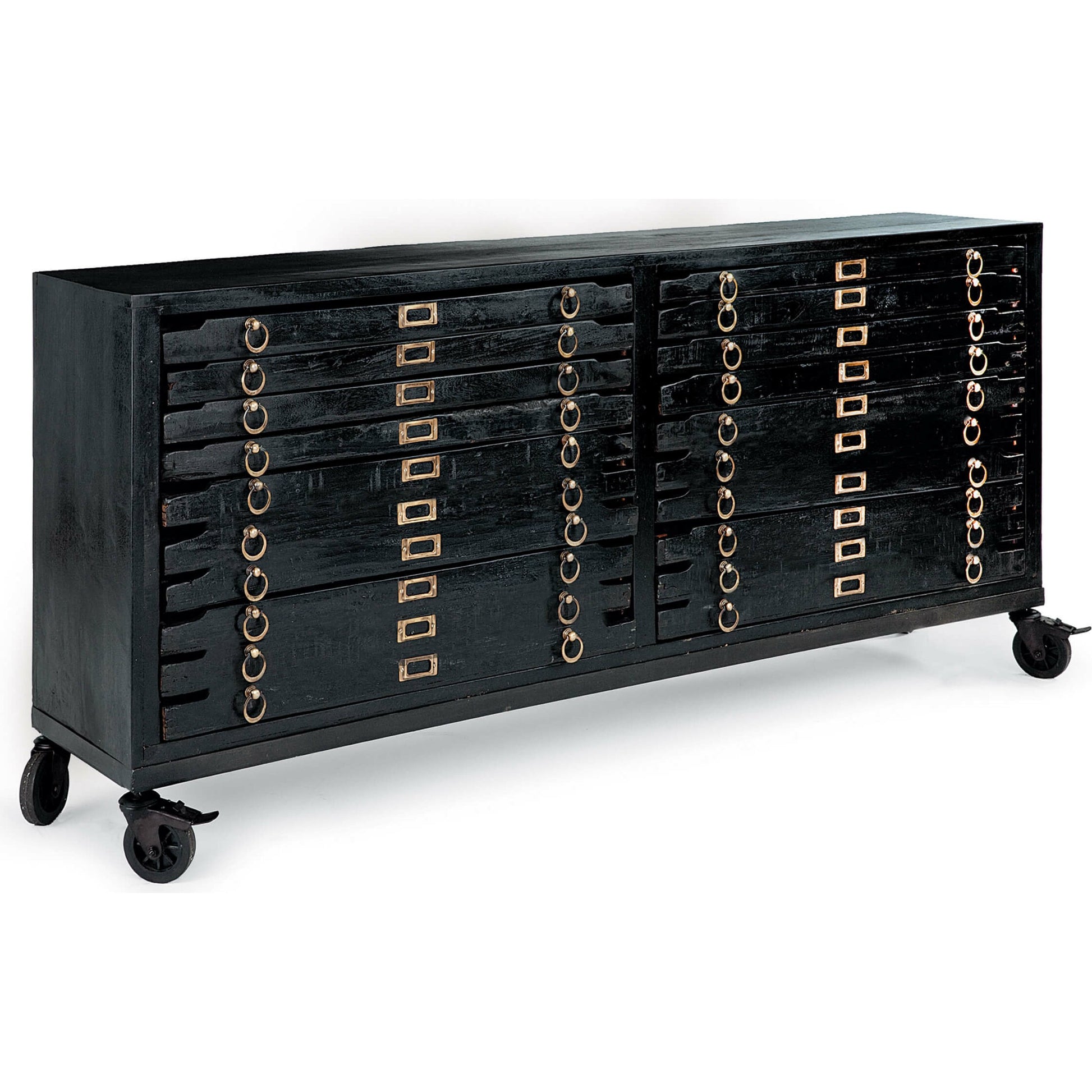 Printmakers Console 12 Drawers by Regina Andrew in ebony and vintage black. Made from mango wood in a eclectic & global style.