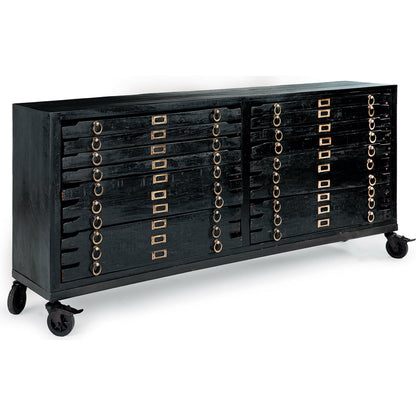 Printmakers Console 12 Drawers by Regina Andrew in ebony and vintage black. Made from mango wood in a eclectic & global style.
