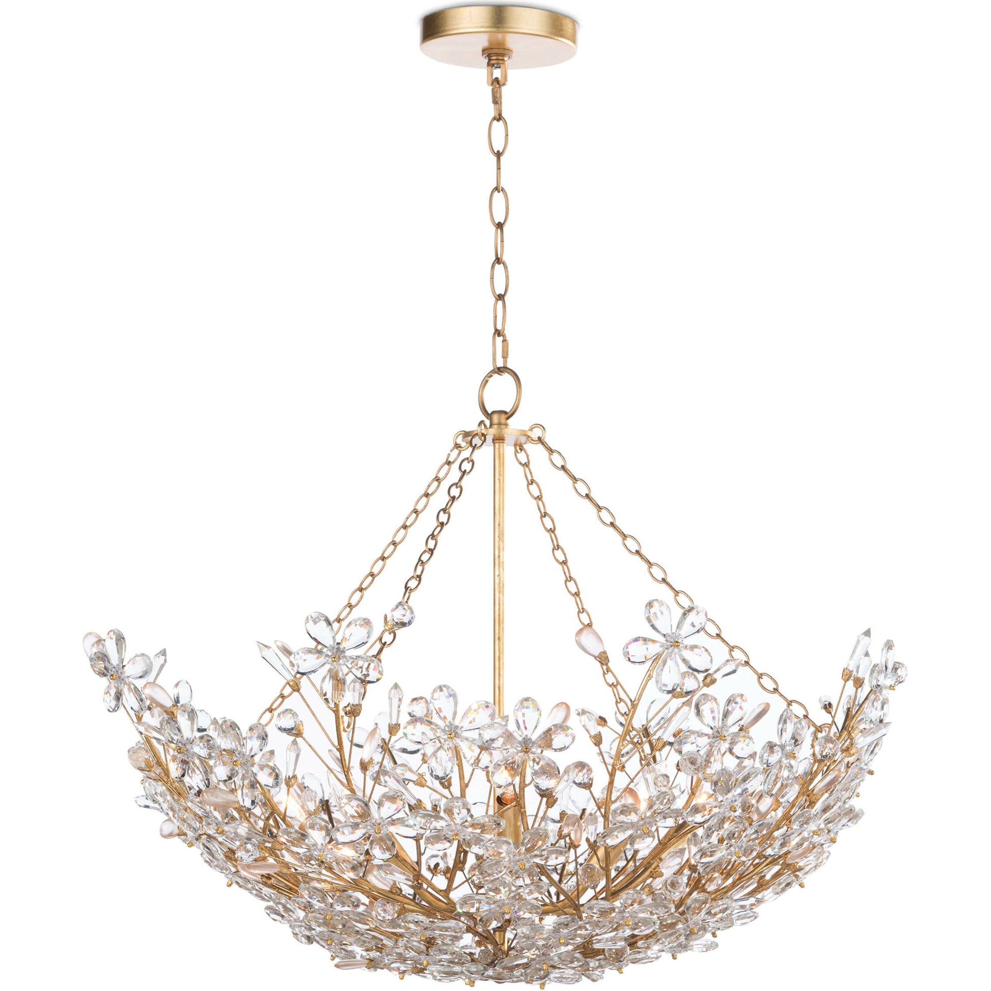 Cheshire Basin Pendant by Regina Andrew in gold and gold leaf. Made from crystal in a cottage & farmhouse style.