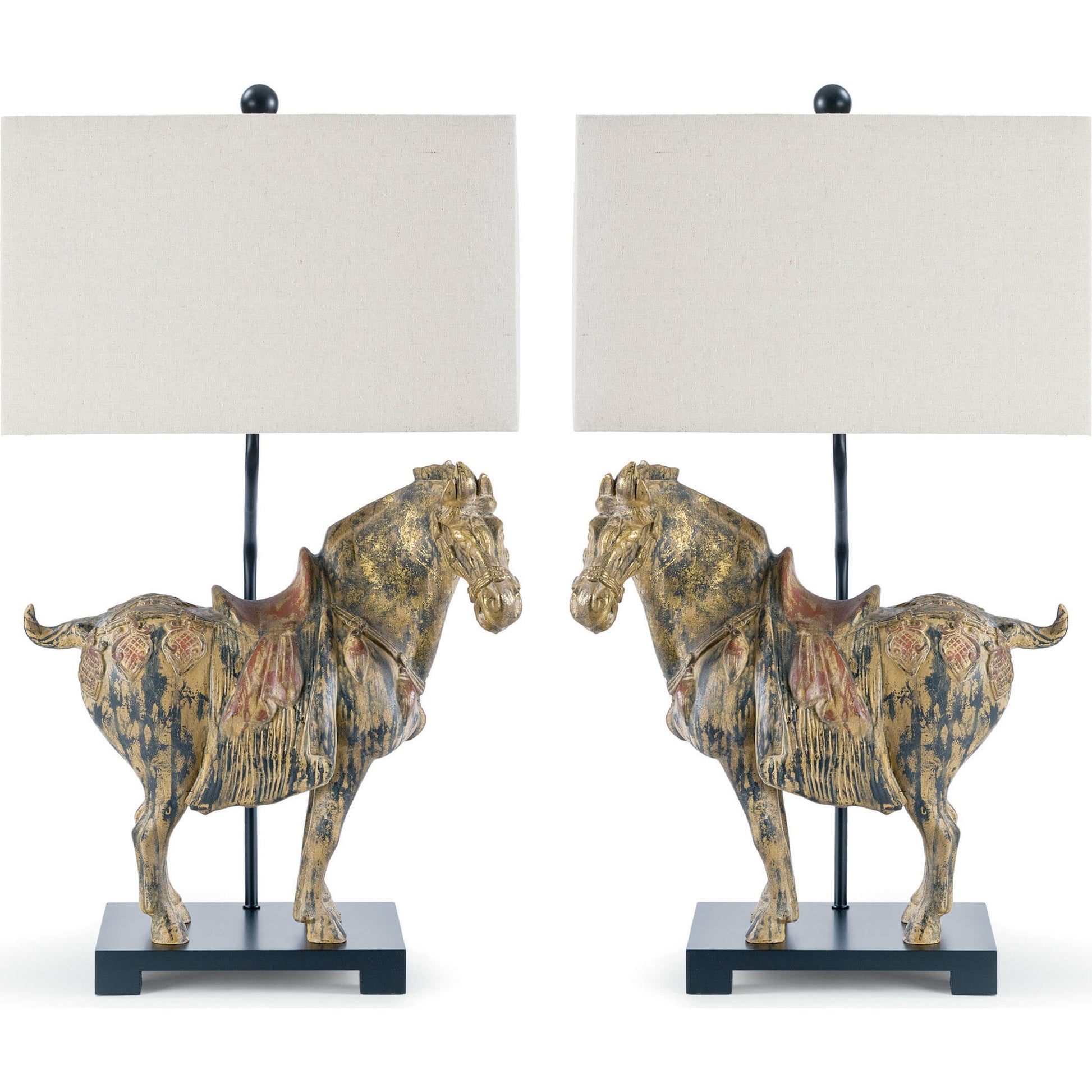 Dynasty Horse Table Lamps Pair by Regina Andrew in distressed, painted and distressed painted. Made from resin in a eclectic & global style.
