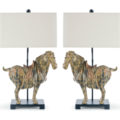 Dynasty Horse Table Lamps Pair by Regina Andrew in distressed, painted and distressed painted. Made from resin in a eclectic & global style.