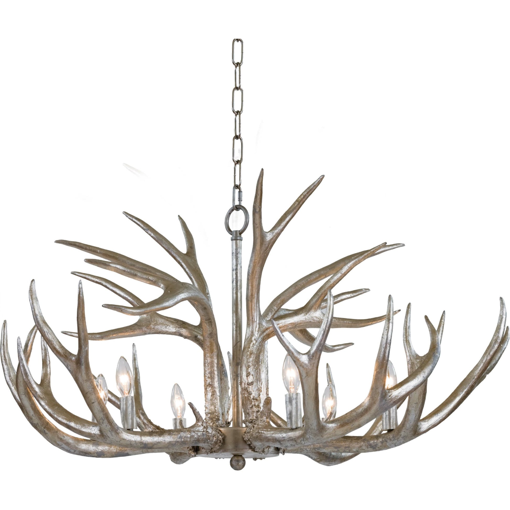 Antler Chandelier by Regina Andrew in silver leaf. Made from resin in a rustic style.