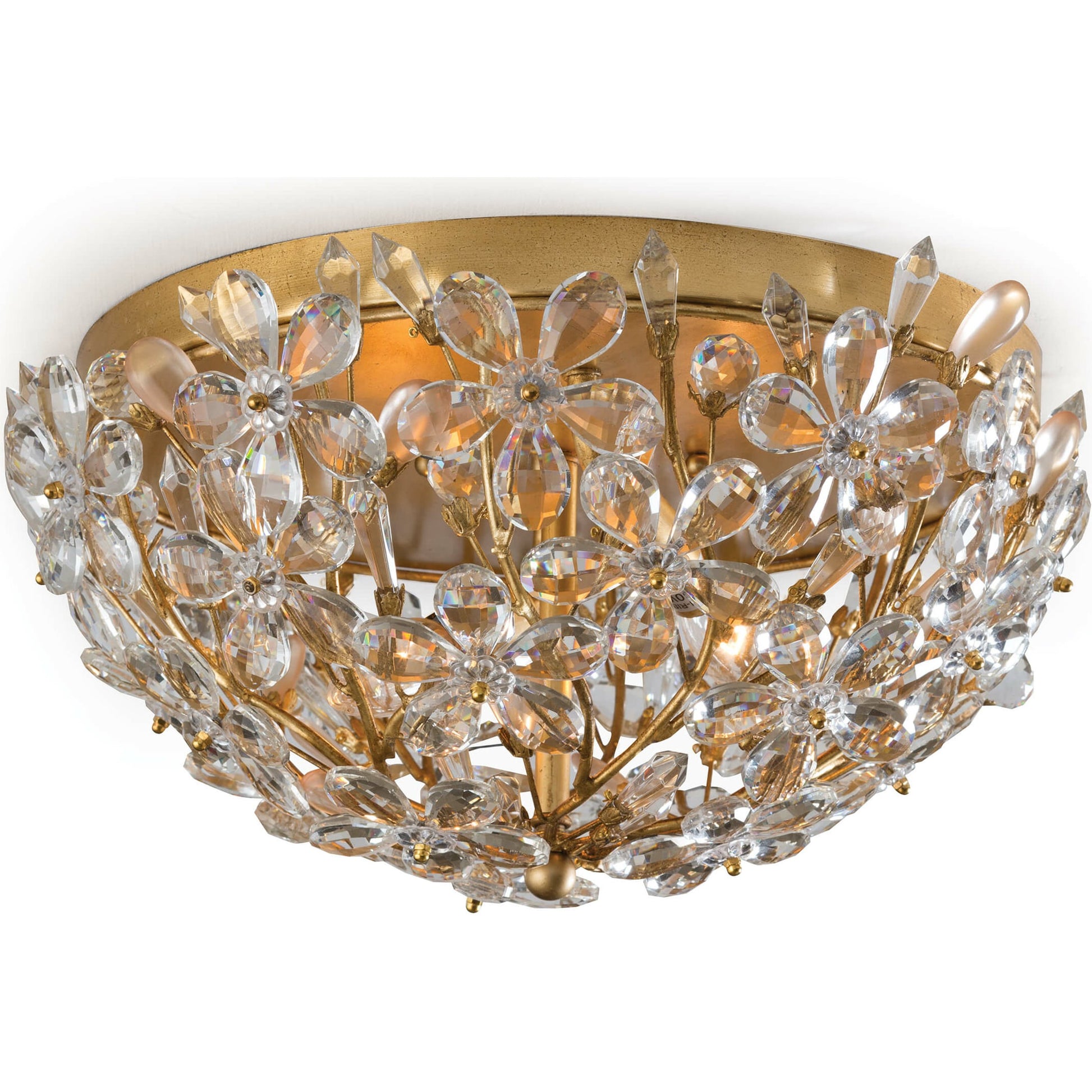 Cheshire Flush Mount by Regina Andrew in gold and gold leaf. Made from crystal in a cottage & farmhouse style.