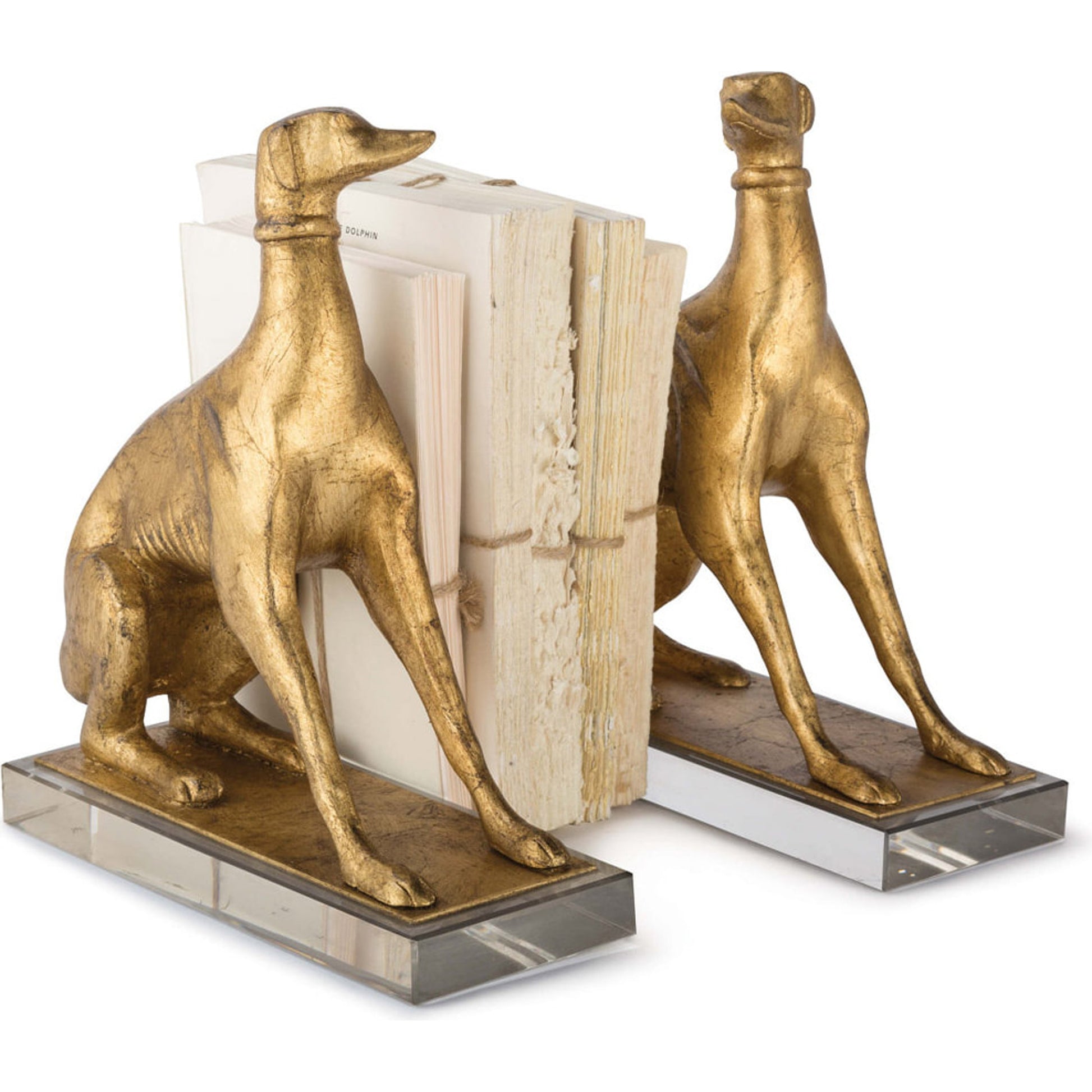 Norman Bookends by Regina Andrew in gold and antique gold leaf. Made from resin in a traditional style.