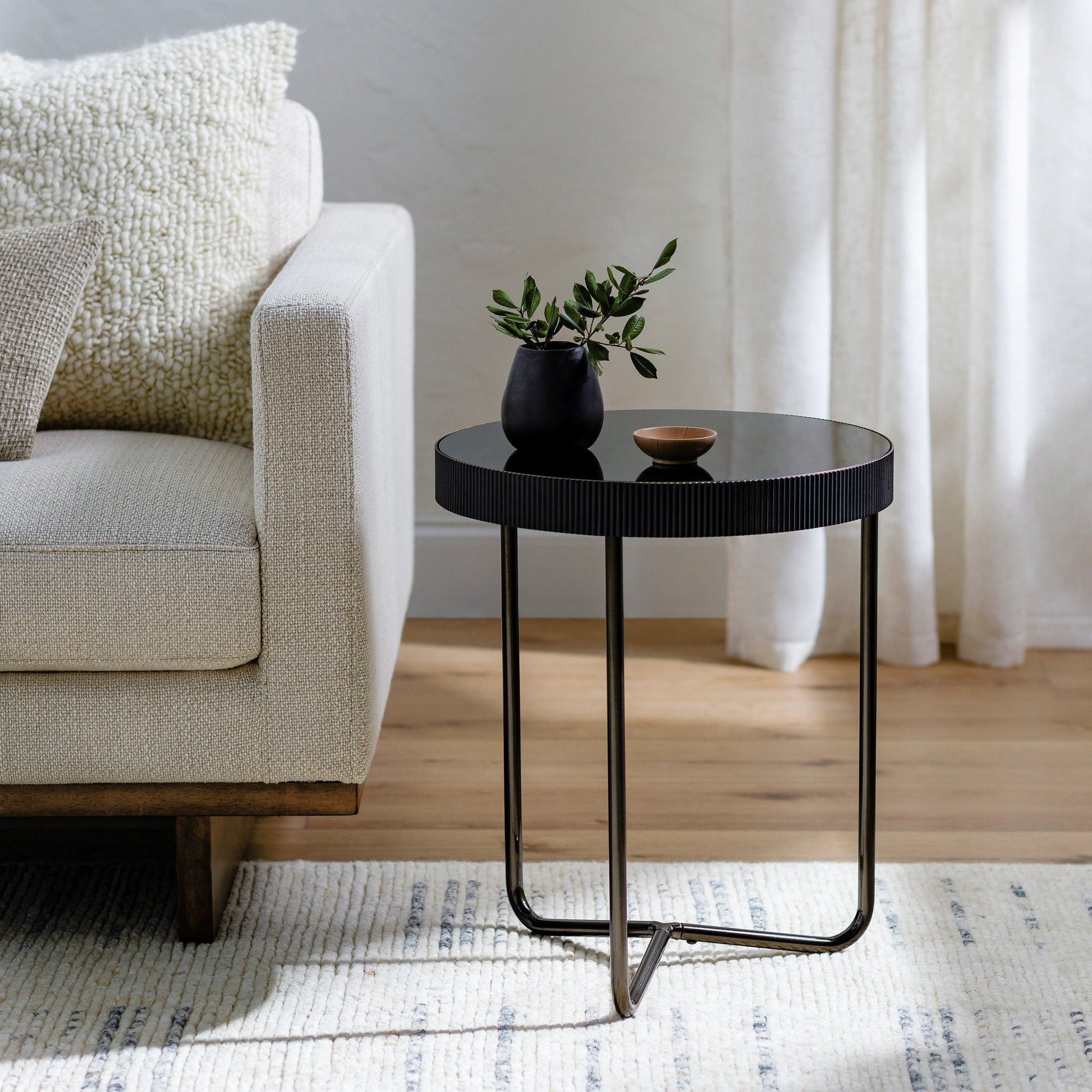 Melton End Table - 32773 by Surya in black, metallic nickel and nickelglossy. Made from top: glass, base: metal in a modern style.