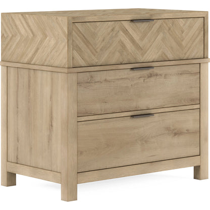 Garrison Nightstand by A.R.T. Furniture in washed oak, burnished brass. Made from parawood solids with ash embossing, white oak veneers, metal in a cottage & farmhouse style.