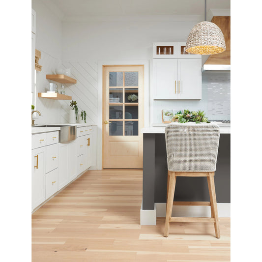 Mesh Counter Stool by Essentials For Living in natural gray mahogany, white speckle. Made from solid mahogany wood, aluminum, polyolefin rope, 100% olefin fabric, foam in a coastal style.