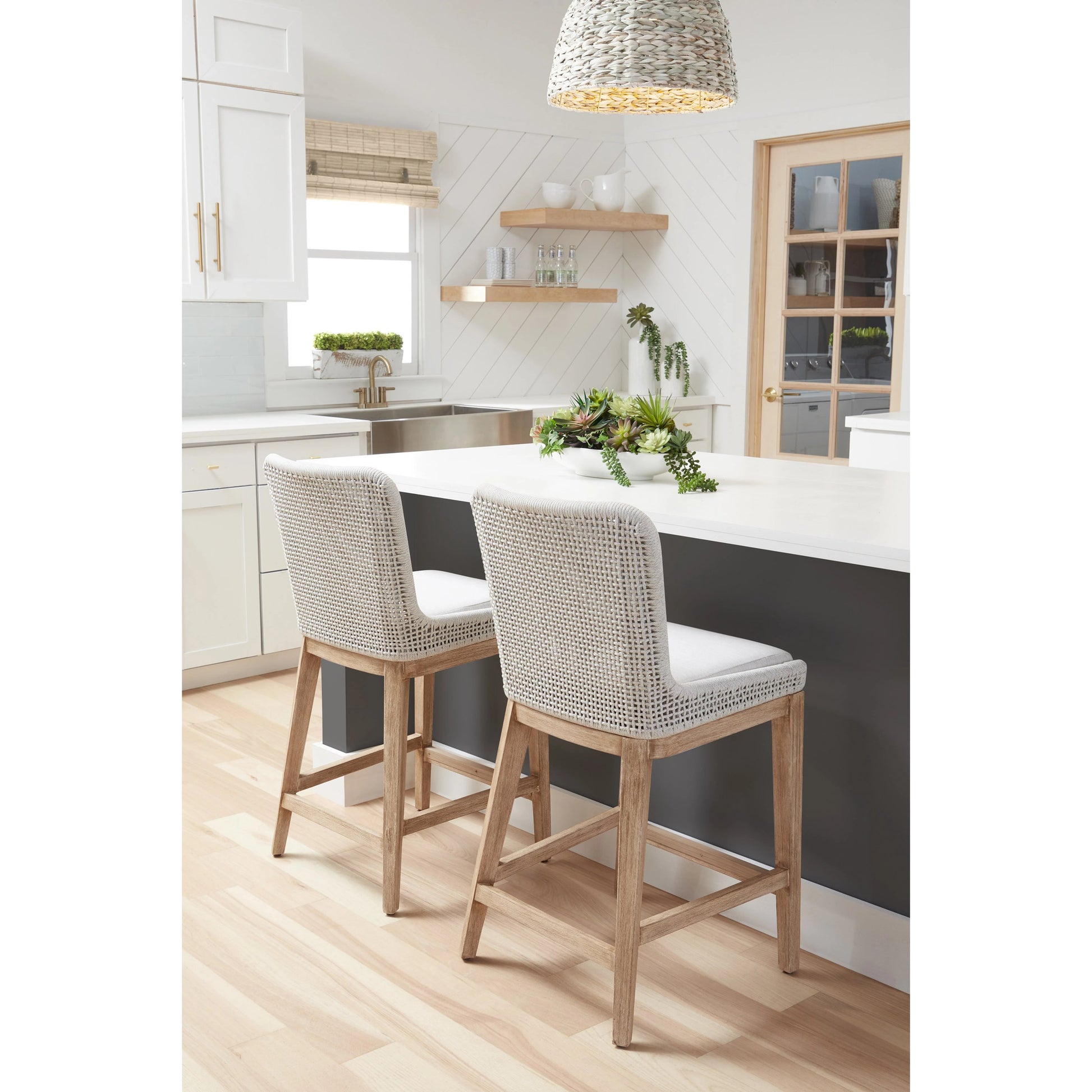 Mesh Counter Stool by Essentials For Living in natural gray mahogany, white speckle. Made from solid mahogany wood, aluminum, polyolefin rope, 100% olefin fabric, foam in a coastal style.