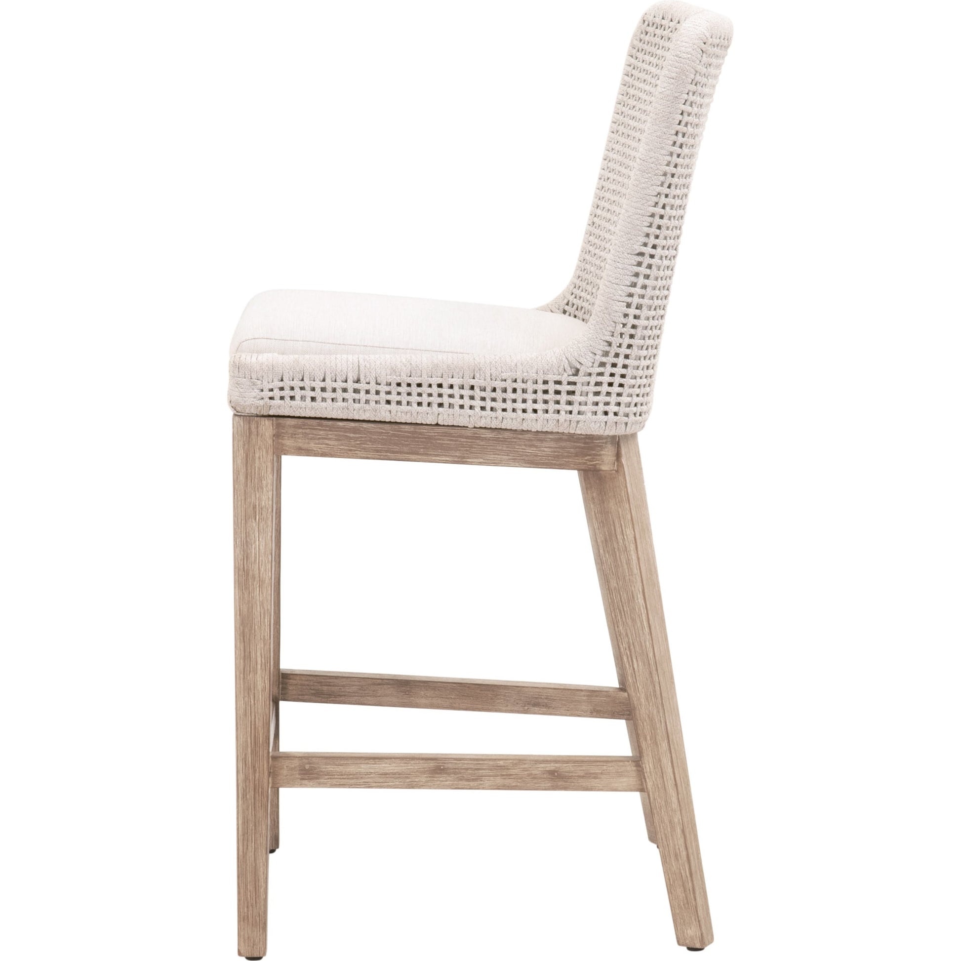 Mesh Counter Stool by Essentials For Living in natural gray mahogany, white speckle. Made from solid mahogany wood, aluminum, polyolefin rope, 100% olefin fabric, foam in a coastal style.
