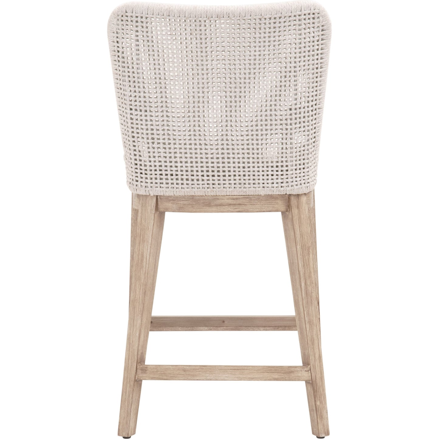024 SI-1826881 | Additional Silo | Mesh Counter Stool by Essentials For Living in natural gray mahogany, white speckle. Made from solid mahogany wood, aluminum, polyolefin rope, 100% olefin fabric, foam in a coastal style.