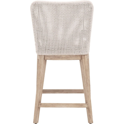 Mesh Counter Stool by Essentials For Living in natural gray mahogany, white speckle. Made from solid mahogany wood, aluminum, polyolefin rope, 100% olefin fabric, foam in a coastal style.