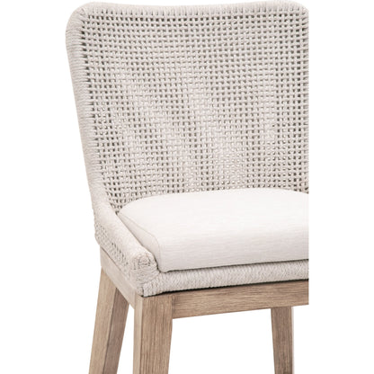 Mesh Counter Stool by Essentials For Living in natural gray mahogany, white speckle. Made from solid mahogany wood, aluminum, polyolefin rope, 100% olefin fabric, foam in a coastal style.