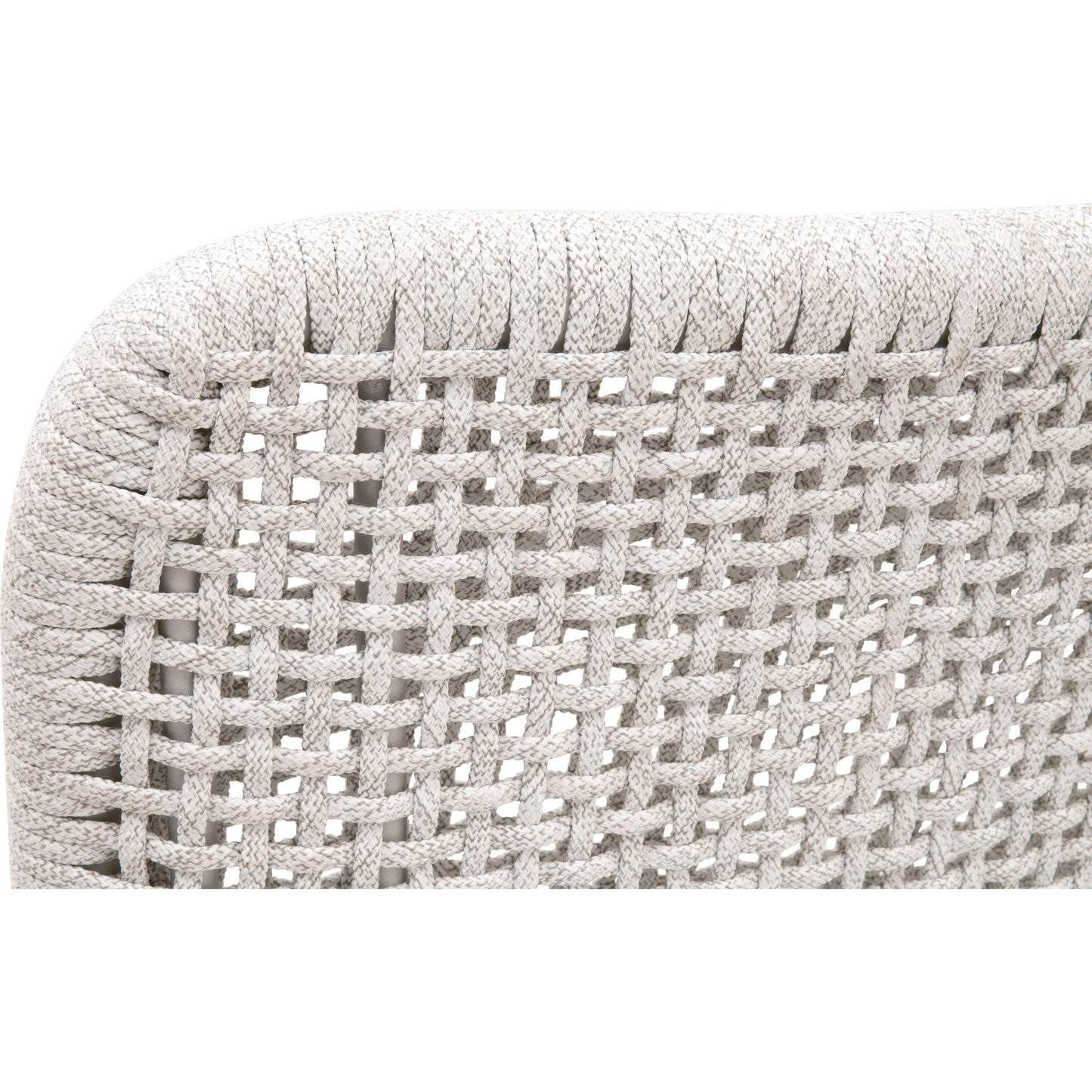 027 SI-1826881 | Closeup | Mesh Counter Stool by Essentials For Living in natural gray mahogany, white speckle. Made from solid mahogany wood, aluminum, polyolefin rope, 100% olefin fabric, foam in a coastal style.