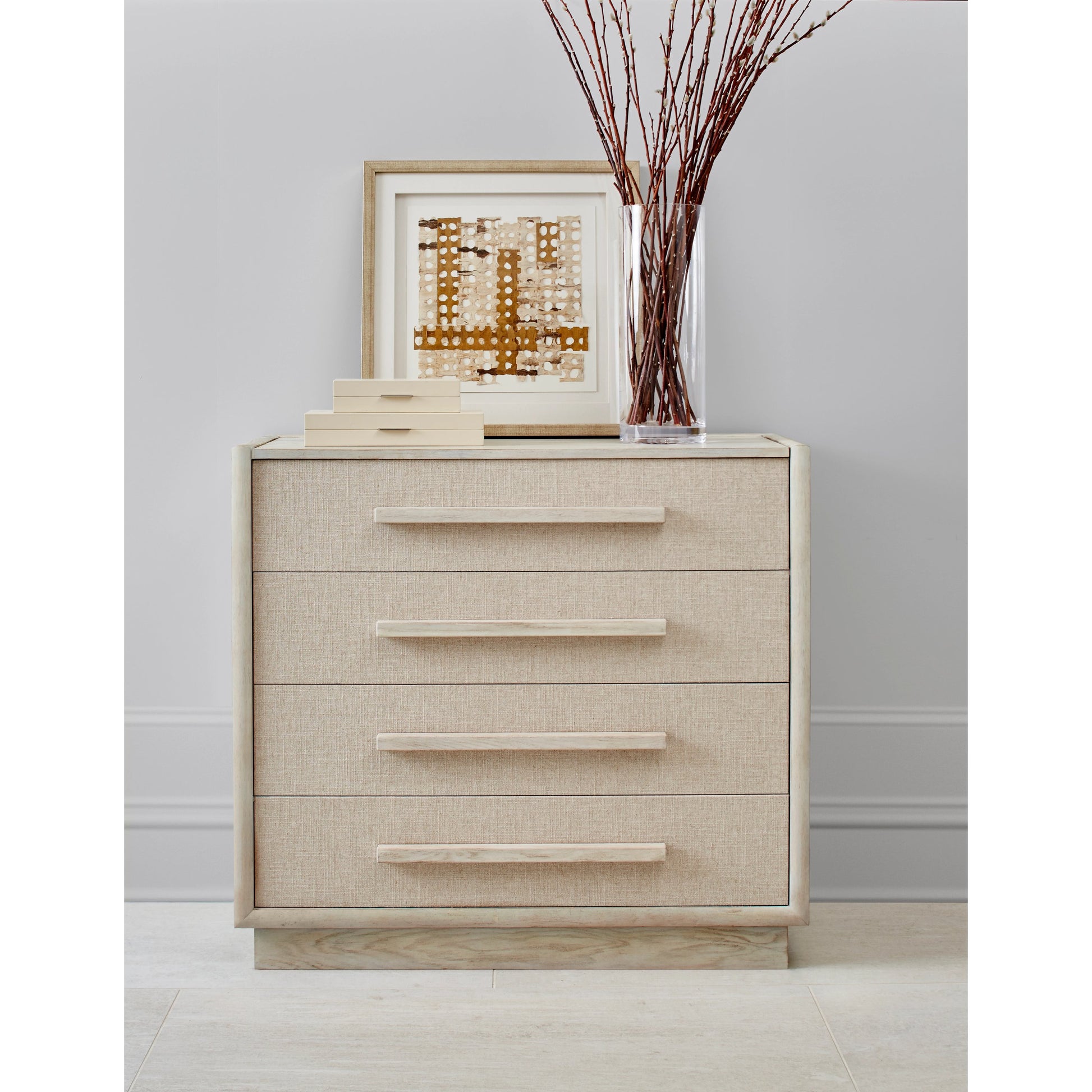 Cotiere Drawer Chest by A.R.T. Furniture in beige and linen. Made from parawood solids, mixed split cathedral quarter-wite oak veneer, fabric in a modern style.