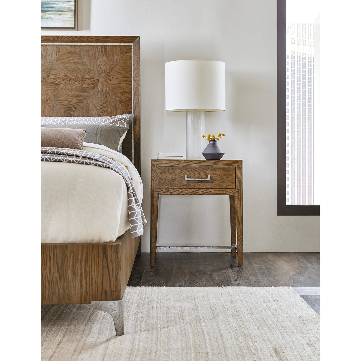 003 SI-1959555 | Lifestyle | Chapman Leg Nightstand by Hooker Furniture in sorrel. Made from white oak veneers, metal in a transitional style.