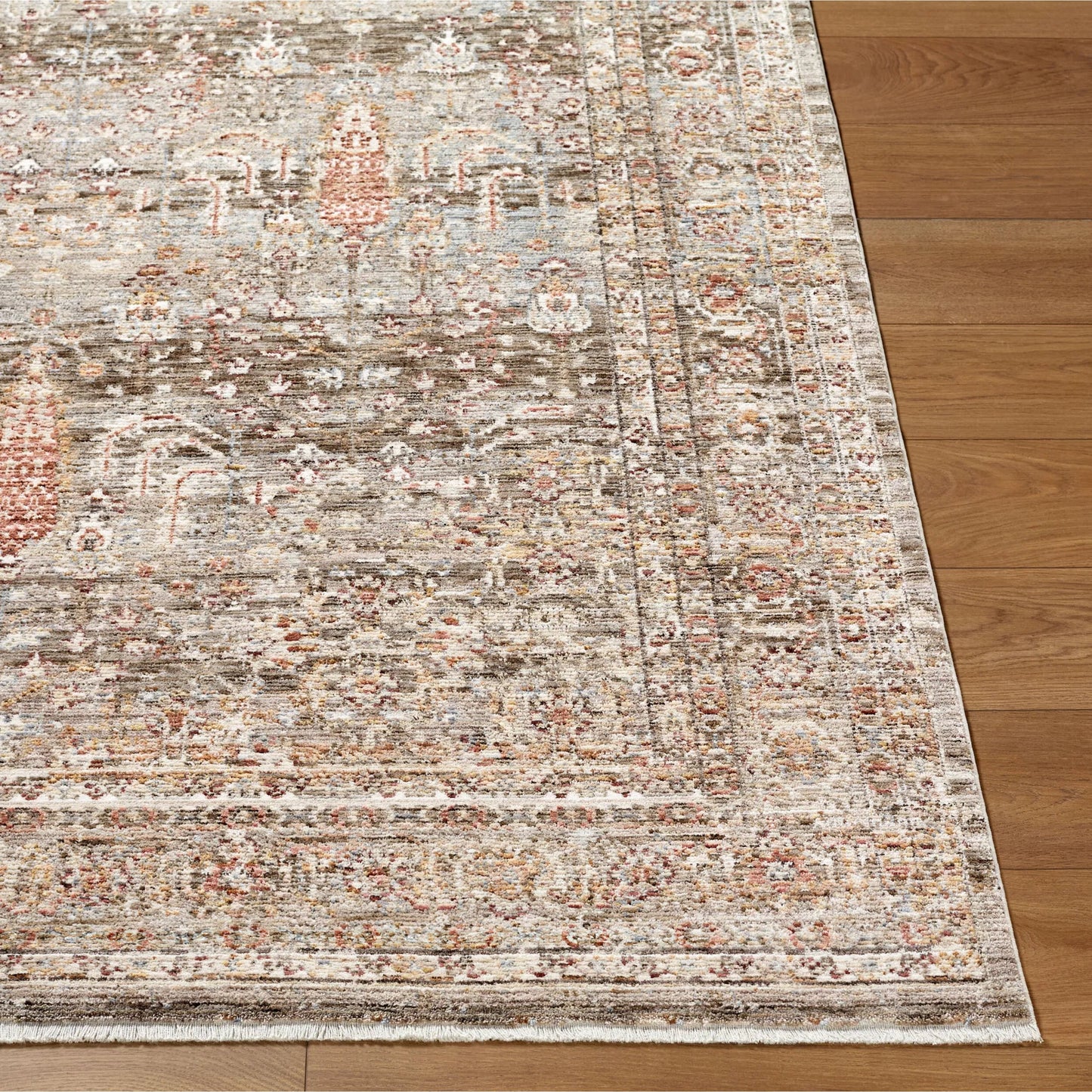 002 SI-2528436,SI-2528437,SI-2528438 | Closeup | Mansfield MFD-2301 Rug by Livabliss in dark brown, cream, oatmeal, brown, denim, mustard. Made from polyester in a unique style.