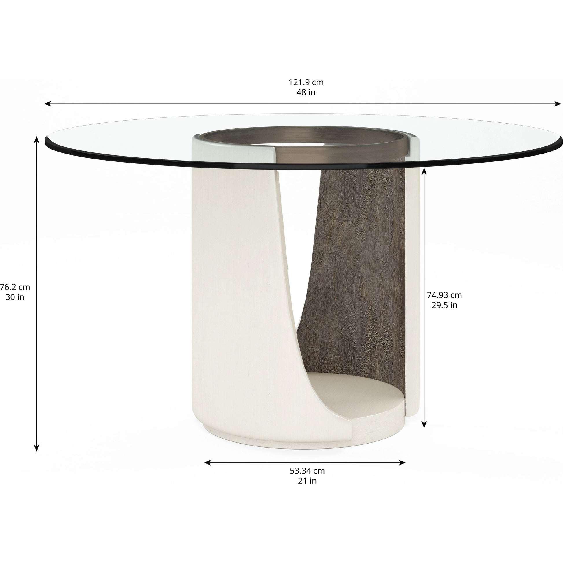 Blanc Round Dining Table by A.R.T. Furniture in alabaster, burnished bronze. Made from parawood solids, resin, metal, glass in a modern style.