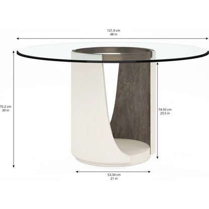 Blanc Round Dining Table by A.R.T. Furniture in alabaster, burnished bronze. Made from parawood solids, resin, metal, glass in a modern style.