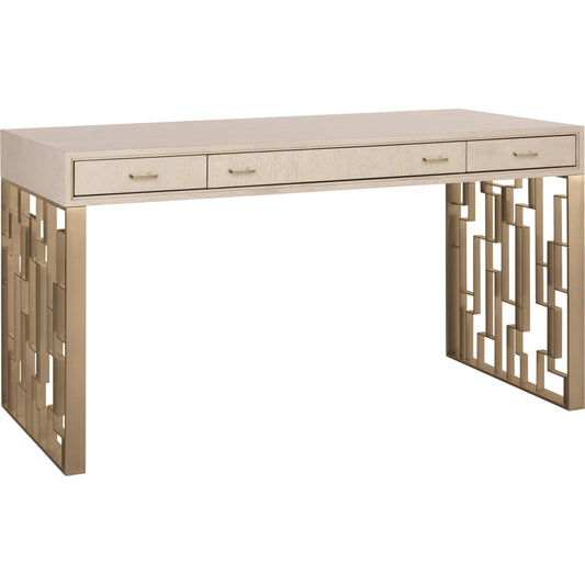 Marlowe Writing Desk by Hooker Furniture in light wood and polished limestone, quartered oak veneers. Made from white oak solids, white oak veneers, metal in a unique style.