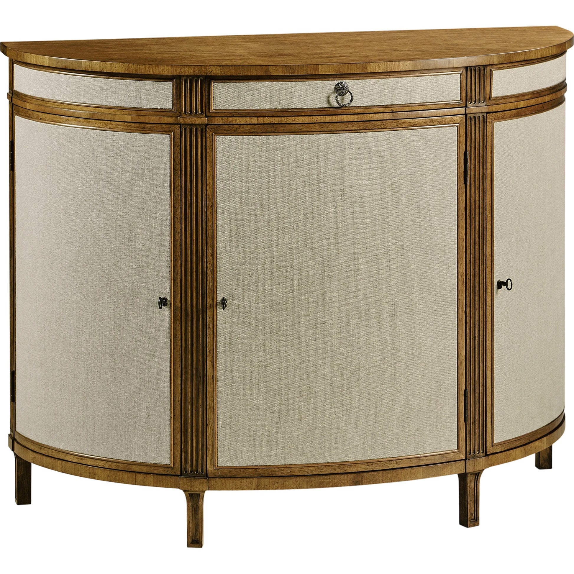 Reimagined Inductance Demilune by Jonathan Charles in fruitwood, performance linen. Made from acacia, foam, fabric in a transitional style.