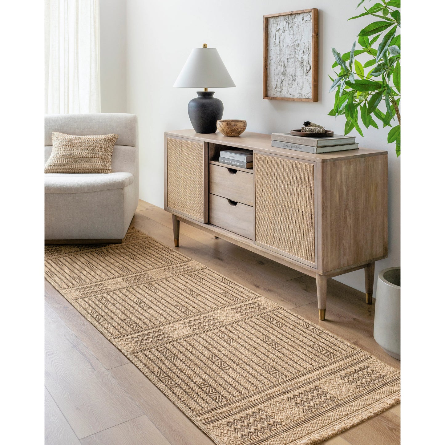 007 SI-1922248 | Lifestyle | Mirage MGE-2309 Indoor/Outdoor Rug by Livabliss in tan, dark brown. Made from 100% polypropylene in a unique style.