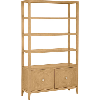 Santos Storage Etagere by Currey and Company in vintage navy, brushed brass. Made from rattan, mahogany, grasscloth, brass in a transitional style.