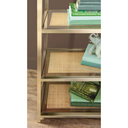Melange Etagere by Hooker Furniture in silver. Made from steel, glass, cane with wooden frame in a modern style.