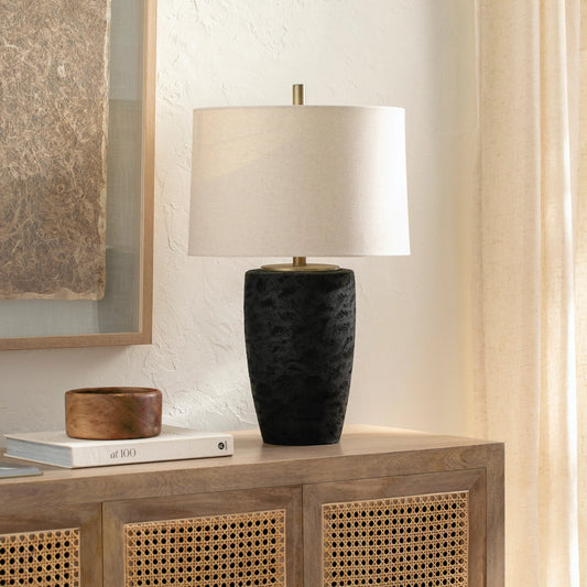 Mowgli - 492725 by Surya in body: black, shade: cream, finial: metallic - nickel, harp: metallic - nickel, cord: translucent and painted. Made from body: resin, shade (outside): linen, shade (inside): polyester, finial: metal i