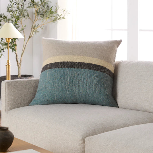 Margosa MGP18 Pillow by Jaipur Living in natural, blue. Made from 100% wool in a modern style.