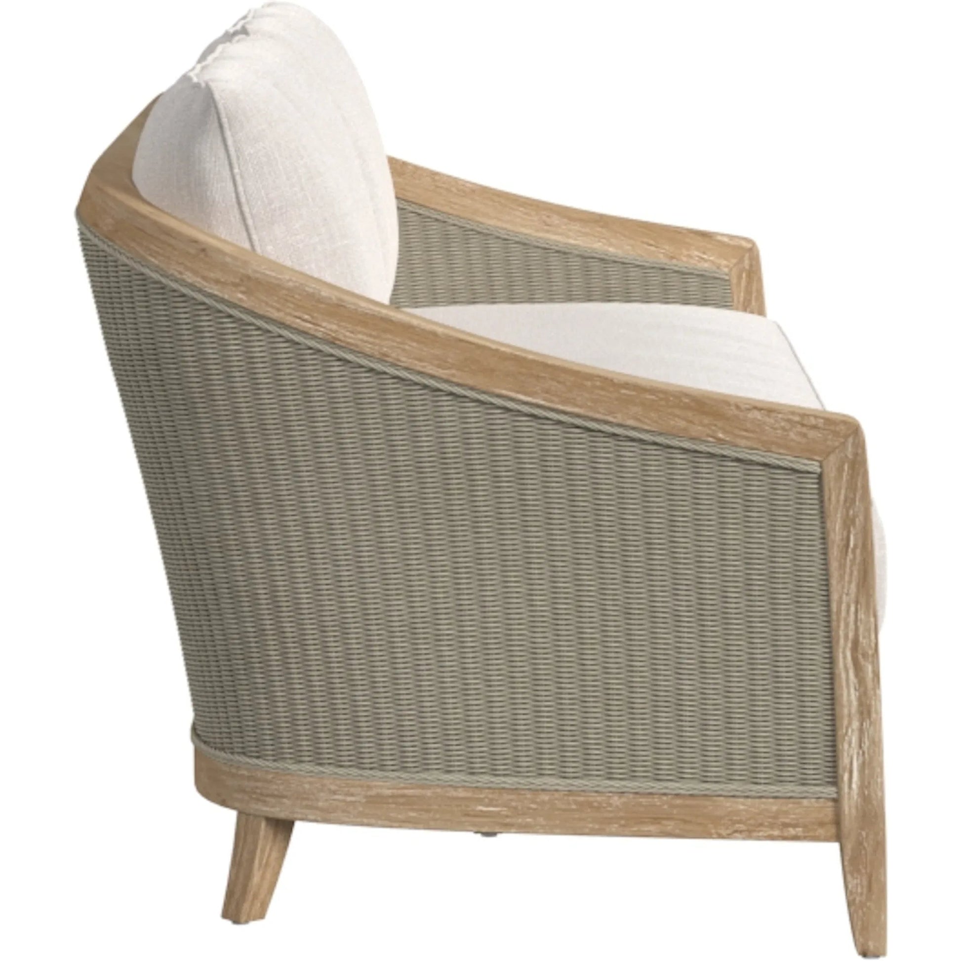 Cambria Outdoor Sofa by Sunset West in light wood. Made from teak in a rustic style.