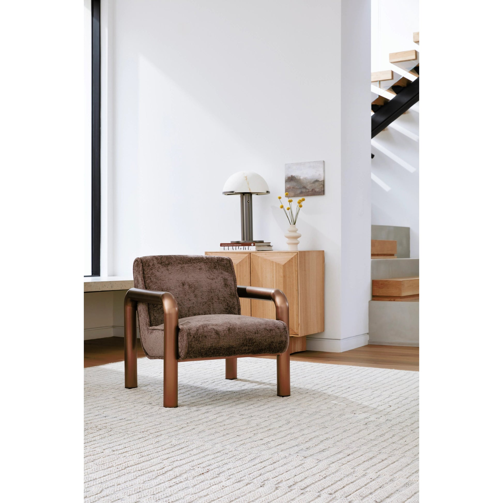 Magnus Accent Chair by Surya in burnished brass. Made from polyester, stainless steel, polyurethane foam, dacron in a modern style.