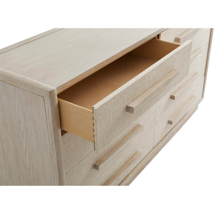 Cotiere Dresser in Beige Linen by A.R.T. Furniture in beige linen. Made from parawood solids, mixed split cathedral and quarter white oak veneers, fabric in a modern style.