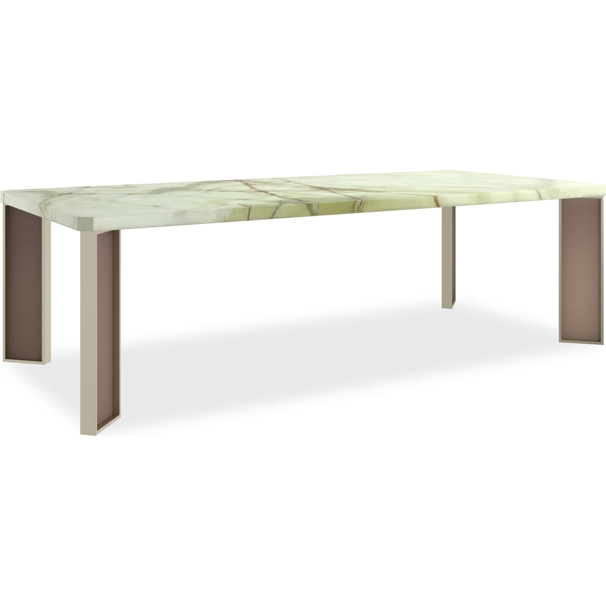 The Naturalist Dining Table by Caracole in brushed gold. Made from stone, metal, glass in a modern style.