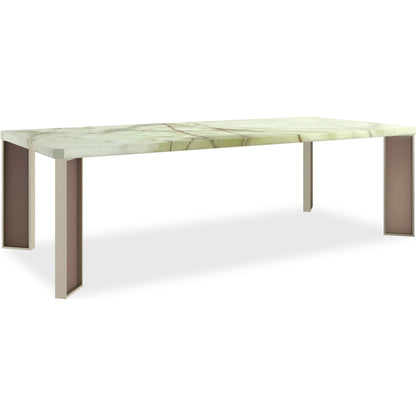 The Naturalist Dining Table by Caracole in brushed gold. Made from stone, metal, glass in a modern style.