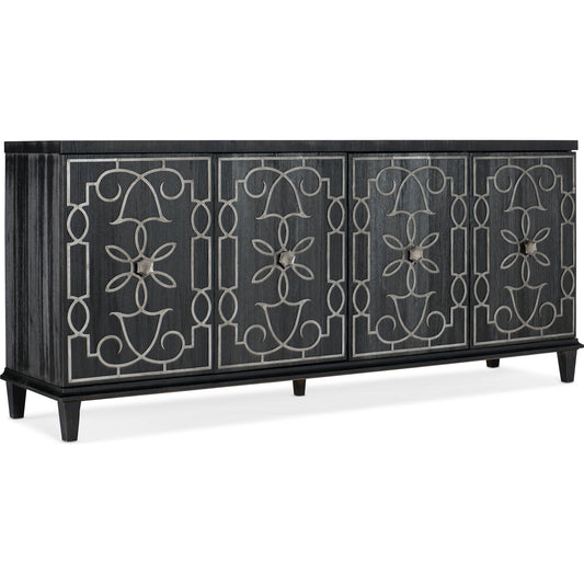 Melange Madeline Four Door Credenza by Hooker Furniture in black. Made from pine veneers in a transitional style.