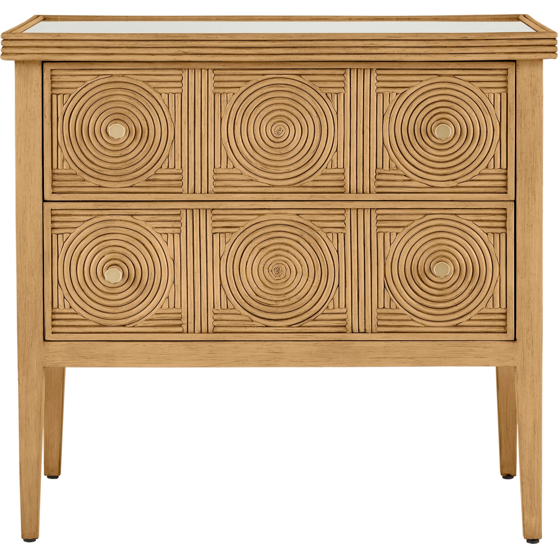 Santos 2-Drawer Chest by Currey and Company. Made from mahogany, rattan, brass, glass in a transitional style.