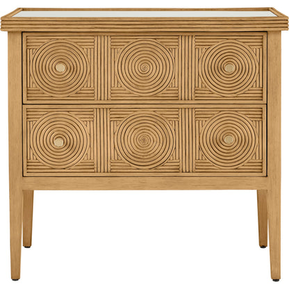 Santos 2-Drawer Chest by Currey and Company. Made from mahogany, rattan, brass, glass in a transitional style.