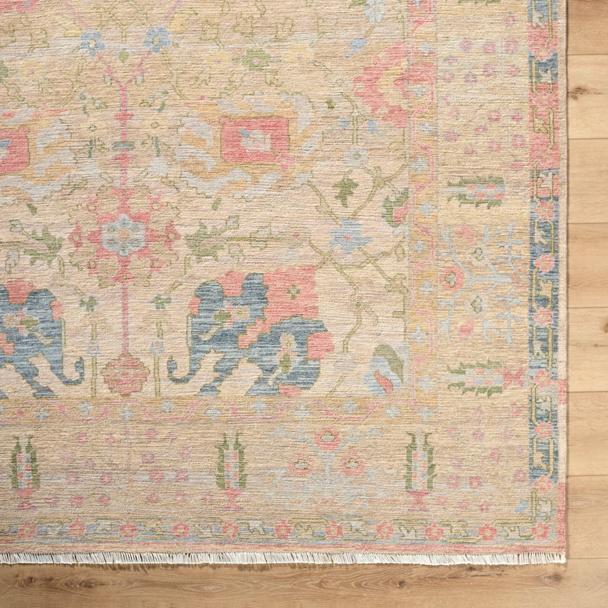 Mashad MHS-2301 Rug by Surya in pastel beige, soft rose, sky blue, sage green, light coral. Made from wool in a unique style.