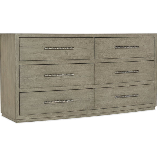 Linville Falls Chimney Gap Six Drawer Dresser by Hooker Furniture in mink. Made from oak veneers in a modern style.