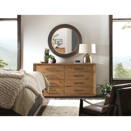 Big Sky Eight Drawer Dresser by Hooker Furniture in vintage natural. Made from pecky hickory veneers, cedar, solid-wood edged top in a modern style.