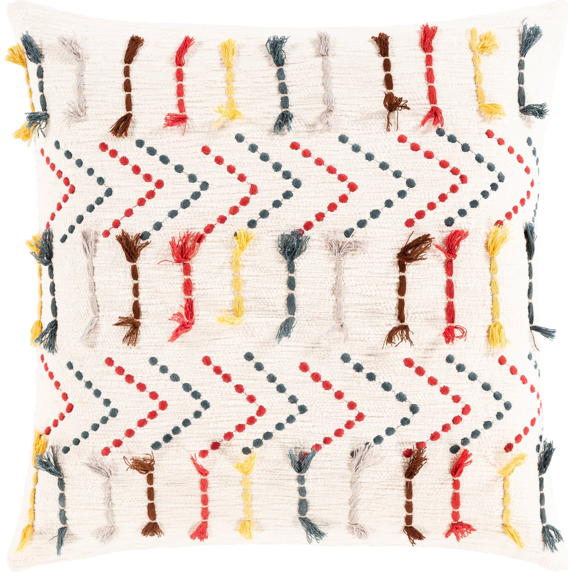 Minka Pillow - 26114 by Surya in red, yellow, deep teal, light gray, brown, ivory. Made from 100% cotton in a modern style.