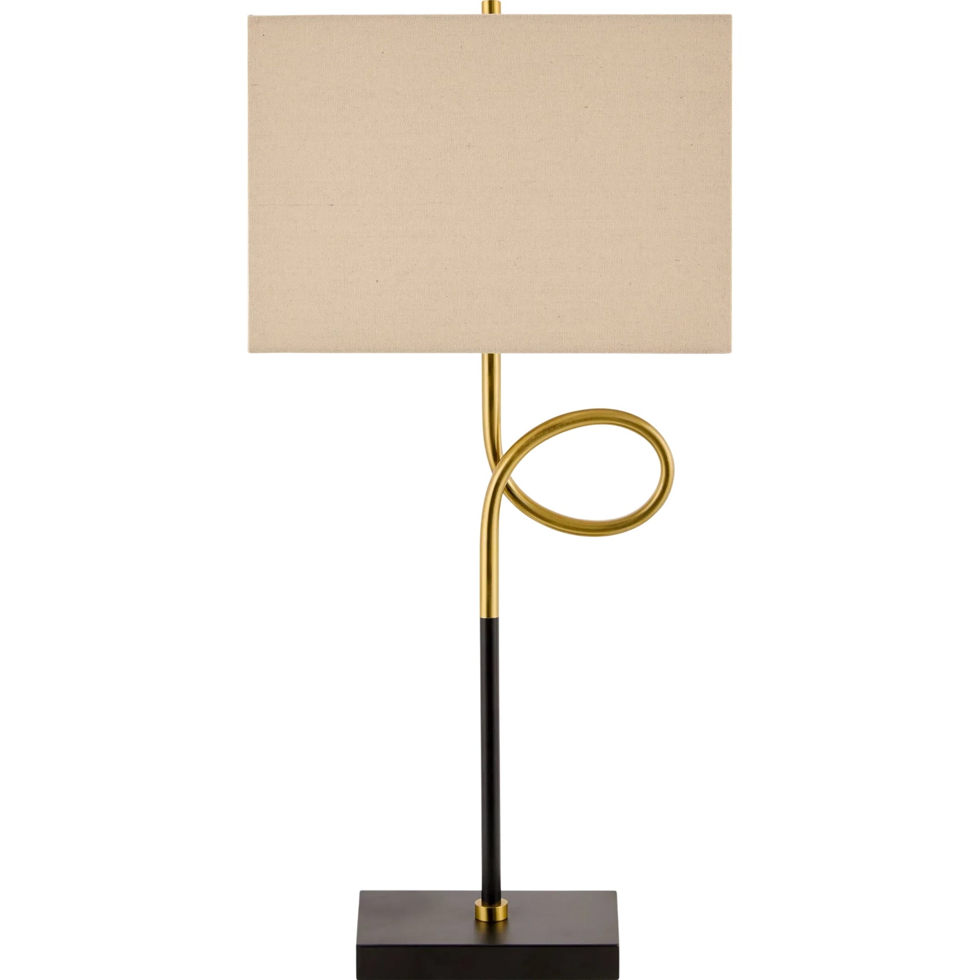Manila Accent Table Lamp by Livabliss in body: black; base: black; shade (outside): beige; shade (inside): white; finial: metallic - brass; harp: metallic - nickel; cord: black and hand painted. Made from iron, linen, polyes