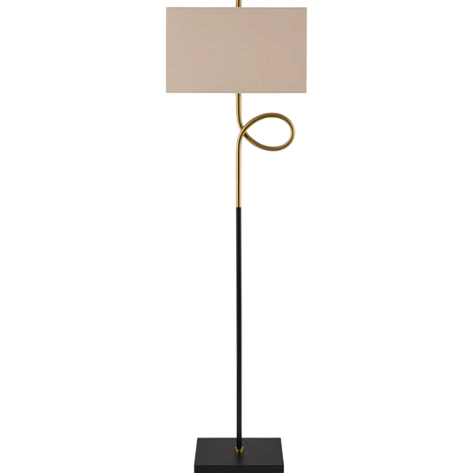 Manila Accent Floor Lamp by Livabliss in body: black; base: black; shade (outside): beige; shade (inside): white; finial: metallic - brass; harp: metallic - nickel; cord: black and hand painted. Made from iron, linen, polyes