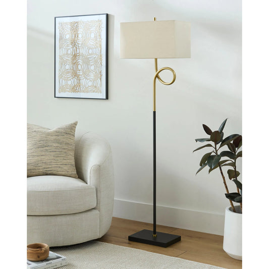Manila Accent Floor Lamp by Livabliss in body: black; base: black; shade (outside): beige; shade (inside): white; finial: metallic - brass; harp: metallic - nickel; cord: black and hand painted. Made from iron, linen, polyester
