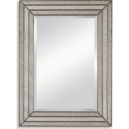 Seymour Mirror by Uttermost in silver. Made from wood in a transitional style.