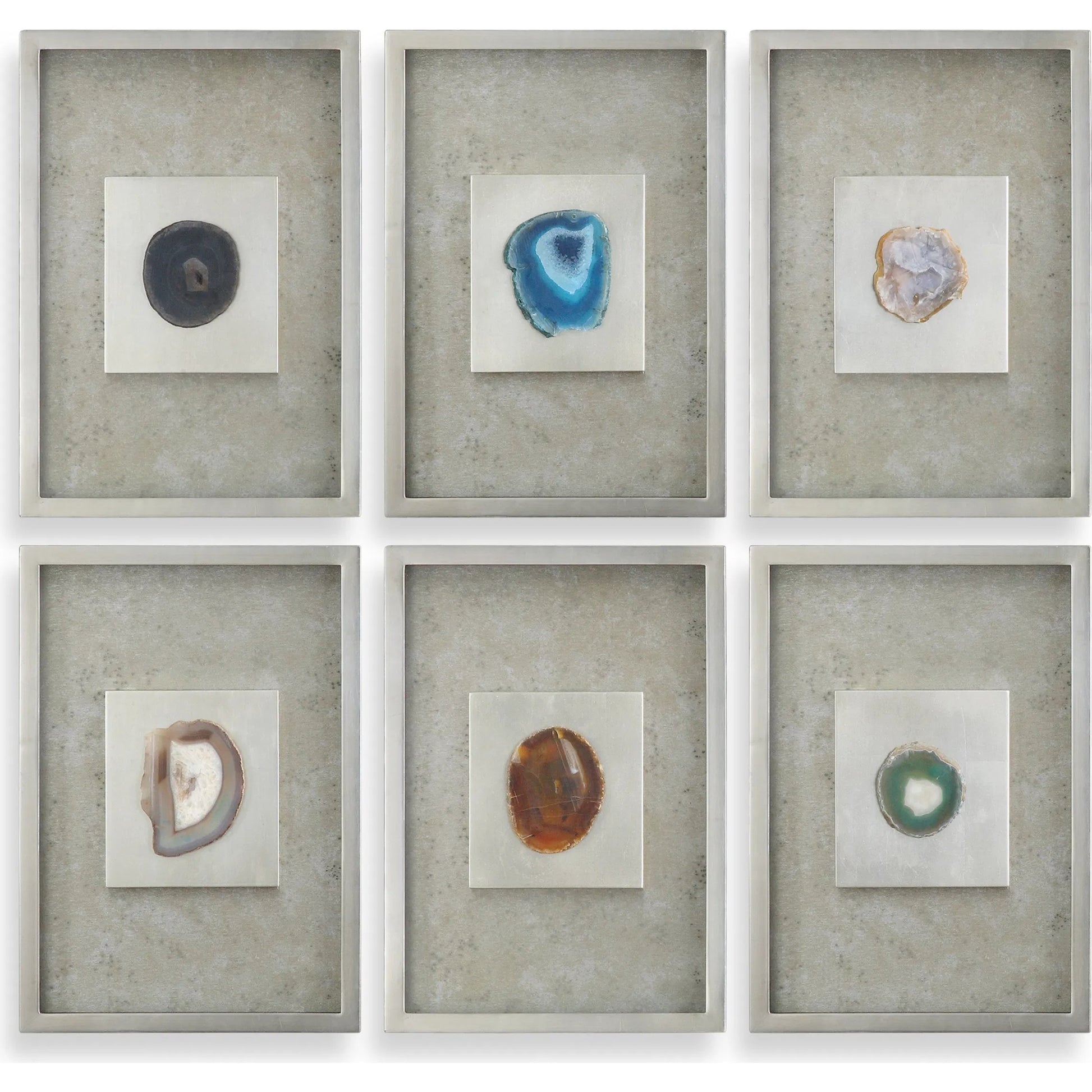 Agate Stone Silver Wall Art (Set of 6) by Uttermost in multi and silver. Made from mdf, glass, agate, paper in a modern style.