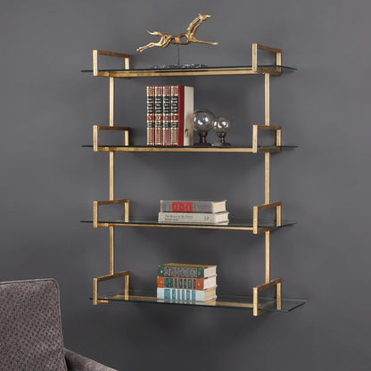 Auley Wall Shelf by Uttermost in gold. Made from iron, tempered glass in a modern style.